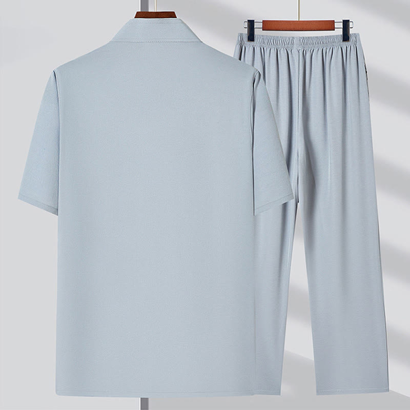 Buddha Stones Fu Character Embroidery Tang Suit Traditional Frog-Button Short Sleeve Top Pants Clothing Men's Set - image 6