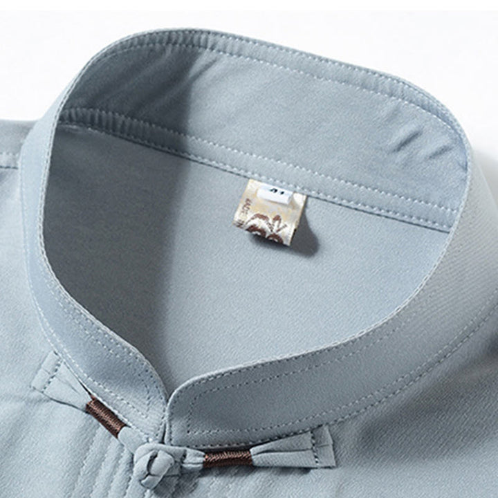 Buddha Stones Fu Character Embroidery Tang Suit Traditional Frog-Button Short Sleeve Top Pants Clothing Men's Set - image 7