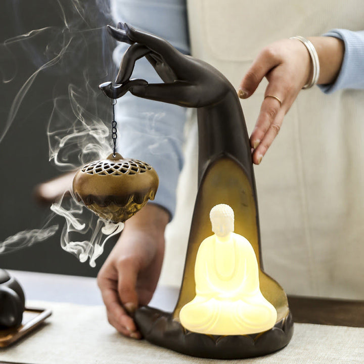 Buddha Stones Led Buddha Hand Backflow Smoke Fountain Healing Ceramic Stick Incense Burner Decoration