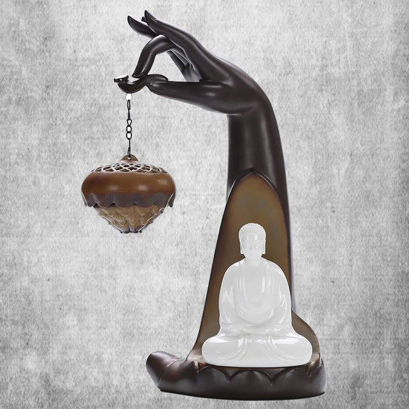 Buddha Stones Led Buddha Hand Backflow Smoke Fountain Healing Ceramic Stick Incense Burner Decoration