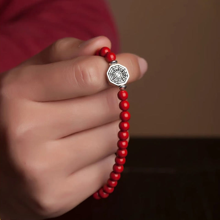 Buddha Stones 925 Sterling Silver Yin Yang Bagua Symbol Cinnabar String Concentration Bracelet