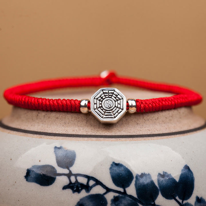 Buddha Stones 925 Sterling Silver Yin Yang Bagua Symbol Cinnabar String Concentration Bracelet