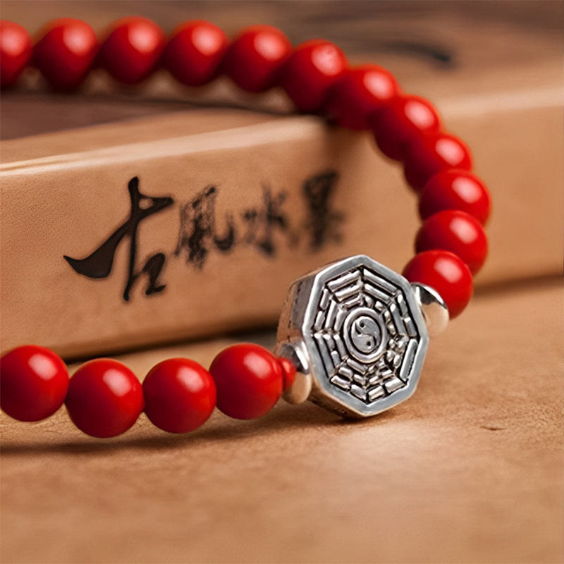 Buddha Stones 925 Sterling Silver Yin Yang Bagua Symbol Cinnabar String Concentration Bracelet