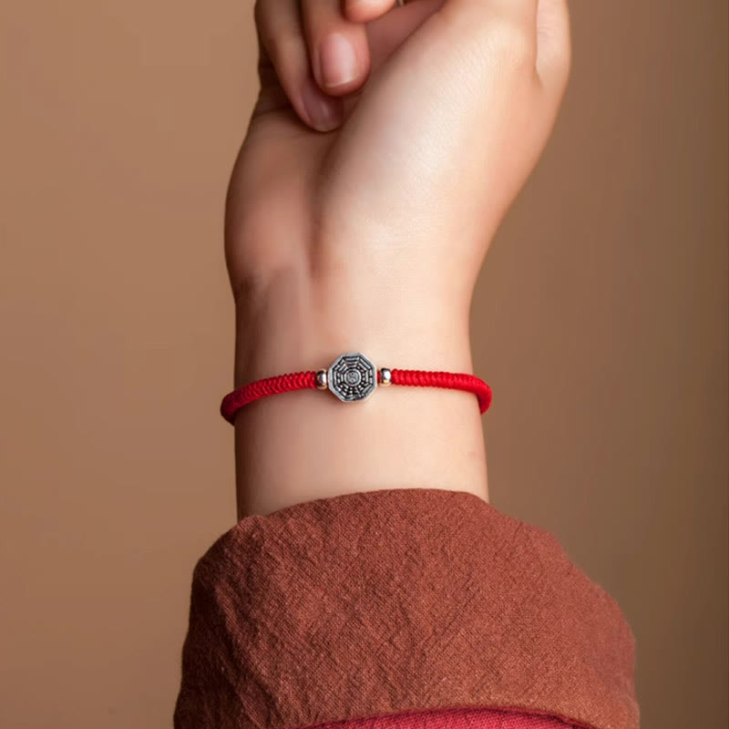 Buddha Stones 925 Sterling Silver Yin Yang Bagua Symbol Cinnabar String Concentration Bracelet