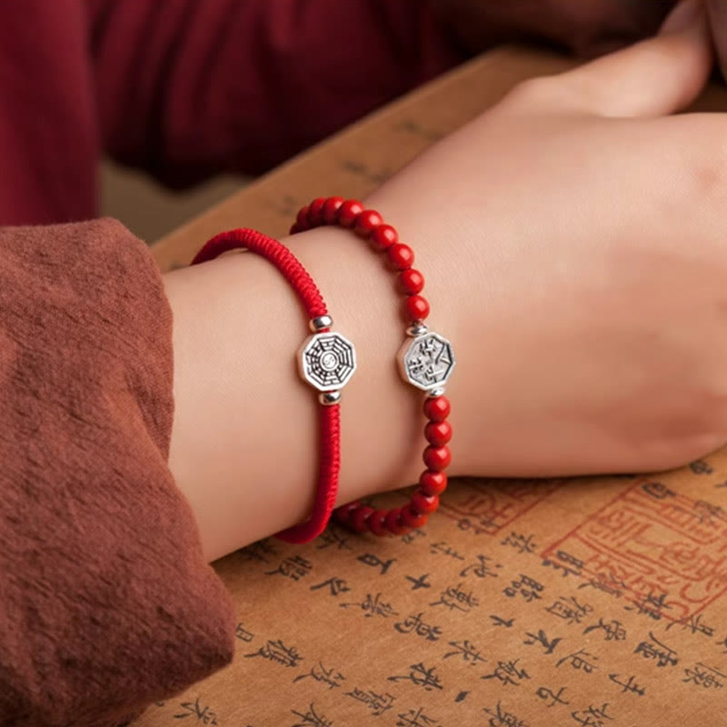 Buddha Stones 925 Sterling Silver Yin Yang Bagua Symbol Cinnabar String Concentration Bracelet