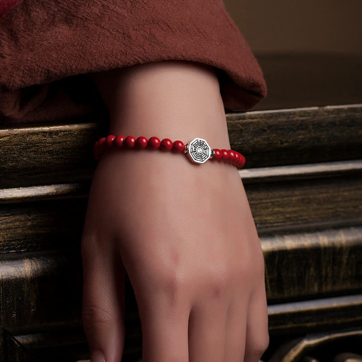 Buddha Stones 925 Sterling Silver Yin Yang Bagua Symbol Cinnabar String Concentration Bracelet