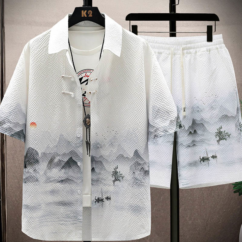Buddha Stones Landscape Coconut Trees Magpie Pattern Short Sleeve Shorts Men's Set - Landscape(Shirt&Shorts) - US/UK/AU44，EU54 (4XL) - image 0