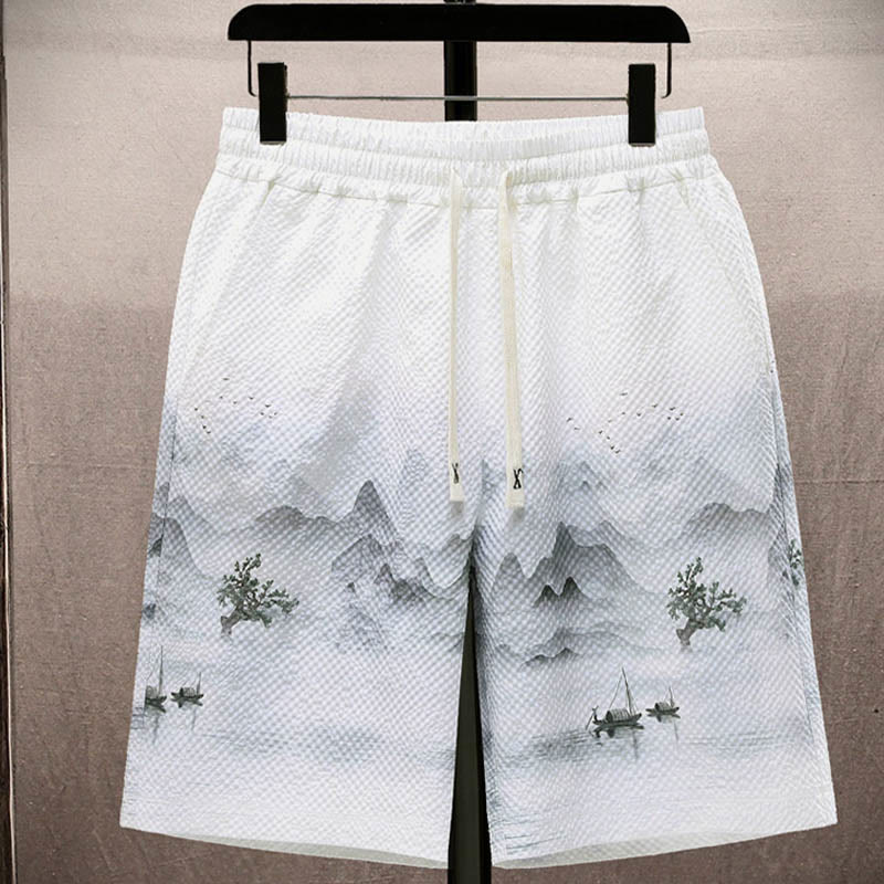 Buddha Stones Landscape Coconut Trees Magpie Pattern Short Sleeve Shorts Men's Set