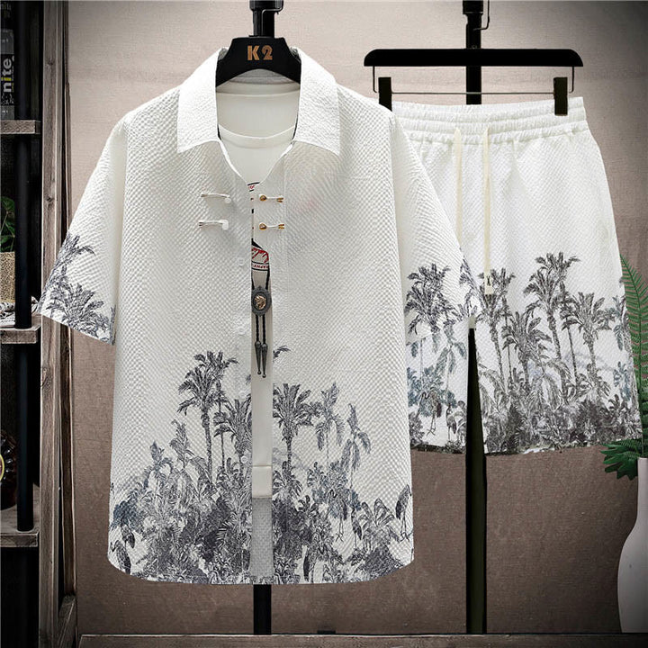 Buddha Stones Landscape Coconut Trees Magpie Pattern Short Sleeve Shorts Men's Set