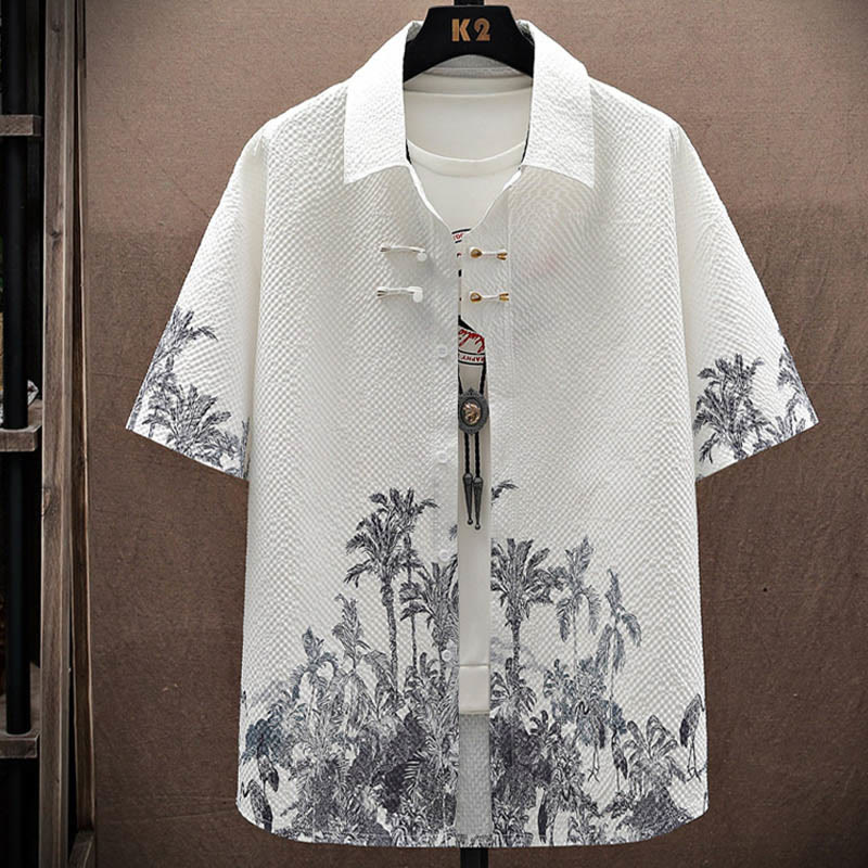 Buddha Stones Landscape Coconut Trees Magpie Pattern Short Sleeve Shorts Men's Set