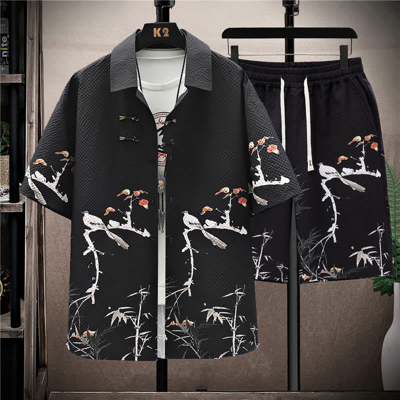 Buddha Stones Landscape Coconut Trees Magpie Pattern Short Sleeve Shorts Men's Set