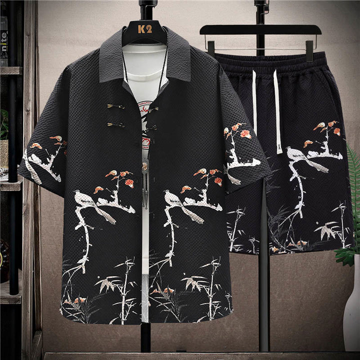 Buddha Stones Landscape Coconut Trees Magpie Pattern Short Sleeve Shorts Men's Set - Black Magpie(Shirt&Shorts) - US/UK/AU44，EU54 (4XL) - image 9
