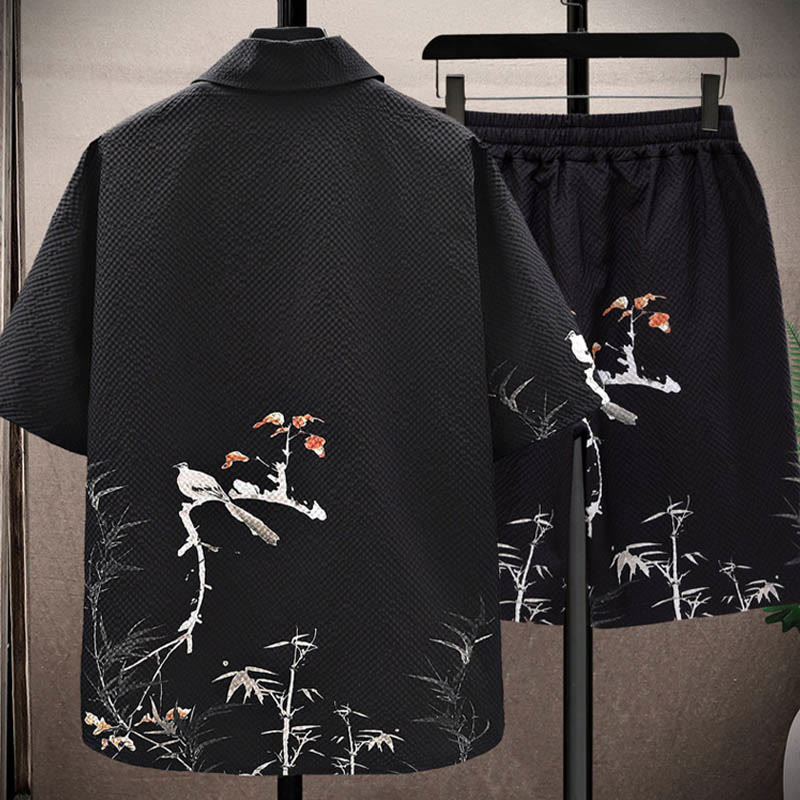 Buddha Stones Landscape Coconut Trees Magpie Pattern Short Sleeve Shorts Men's Set