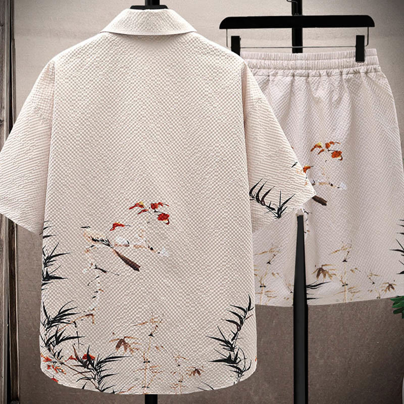 Buddha Stones Landscape Coconut Trees Magpie Pattern Short Sleeve Shorts Men's Set - image 14