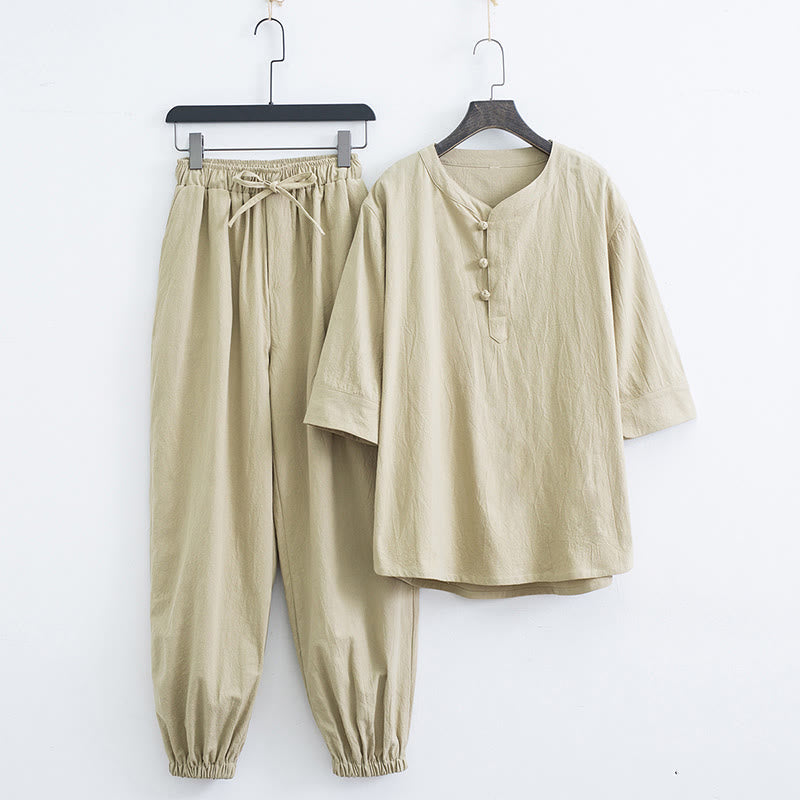 Buddha Stones Solid Color Traditional Cotton Linen Short Sleeve T-shirt Pants Clothing Men's Set - Beige(Top&Pants) - US/UK/AU44，EU54 (4XL) - image 13