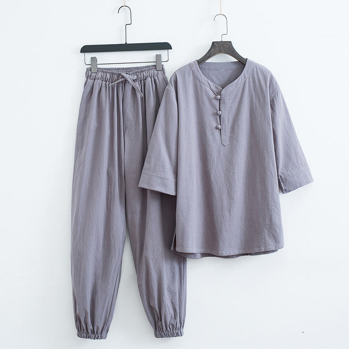Buddha Stones Solid Color Traditional Cotton Linen Short Sleeve T-shirt Pants Clothing Men's Set - Gray(Top&Pants) - US/UK/AU44，EU54 (4XL) - image 7
