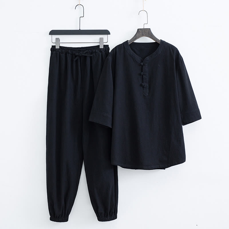 Buddha Stones Solid Color Traditional Short Sleeve T-shirt Pants Clothing Men's Set - Black(Top&Pants) - US/UK/AU44，EU54 (4XL) - image 9