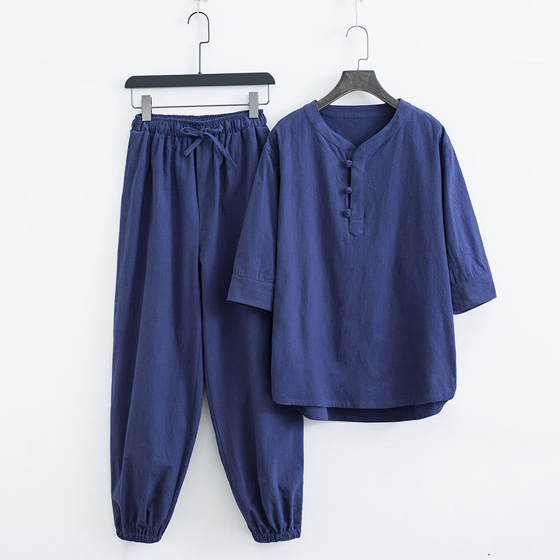 Buddha Stones Solid Color Traditional Cotton Linen Short Sleeve T-shirt Pants Clothing Men's Set - Navy Blue(Top&Pants) - US/UK/AU44，EU54 (4XL) - image 12