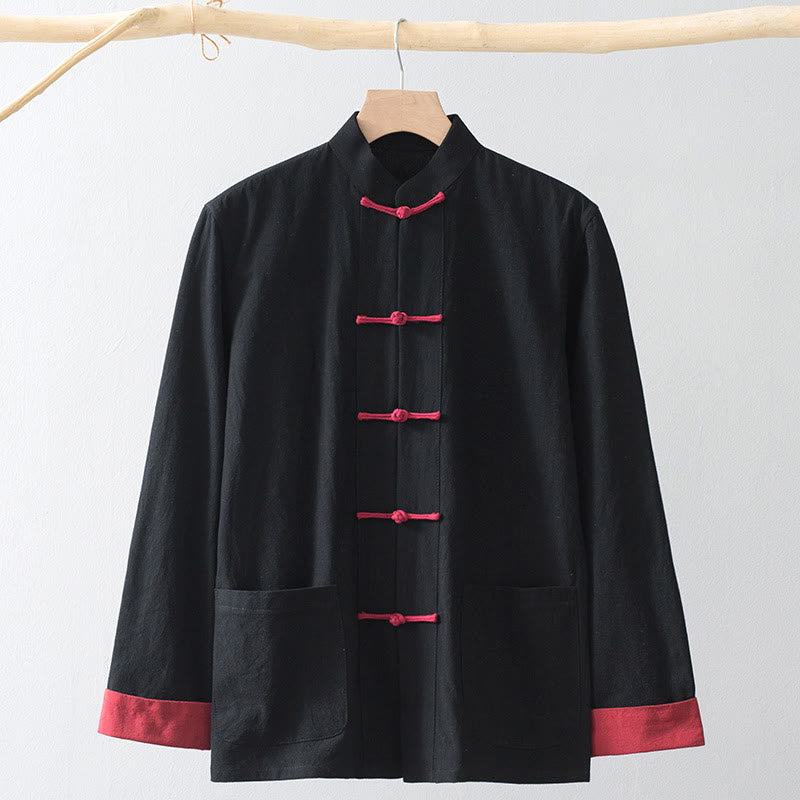 Buddha Stones Frog-Button Chinese Tang Suit Shirt Cotton Linen Men Jacket Clothing - Black Shirt&Red Frog Button - US/UK/AU44，EU54 (4XL) - image 1