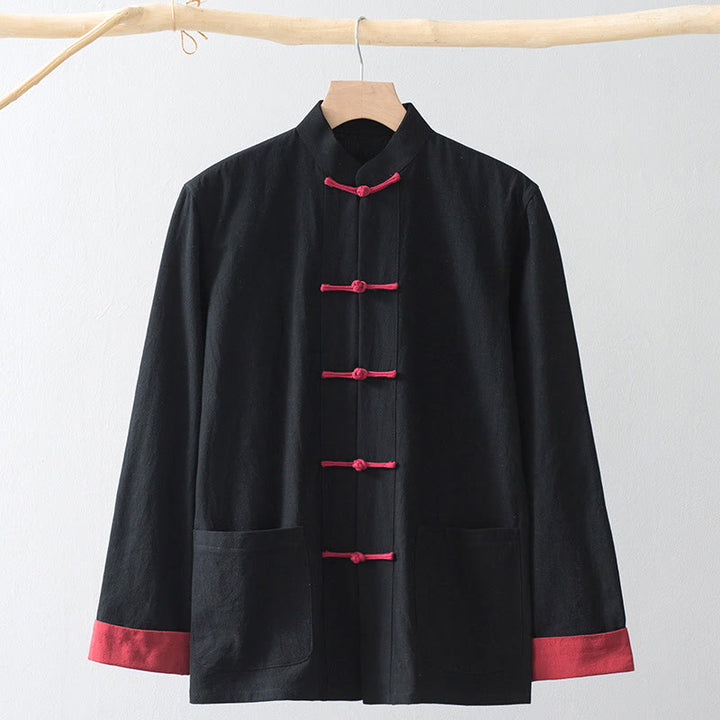 Buddha Stones Frog-Button Chinese Tang Suit Shirt Cotton Linen Men Jacket Clothing - Black Shirt&Red Frog Button - US/UK/AU44，EU54 (4XL) - image 1