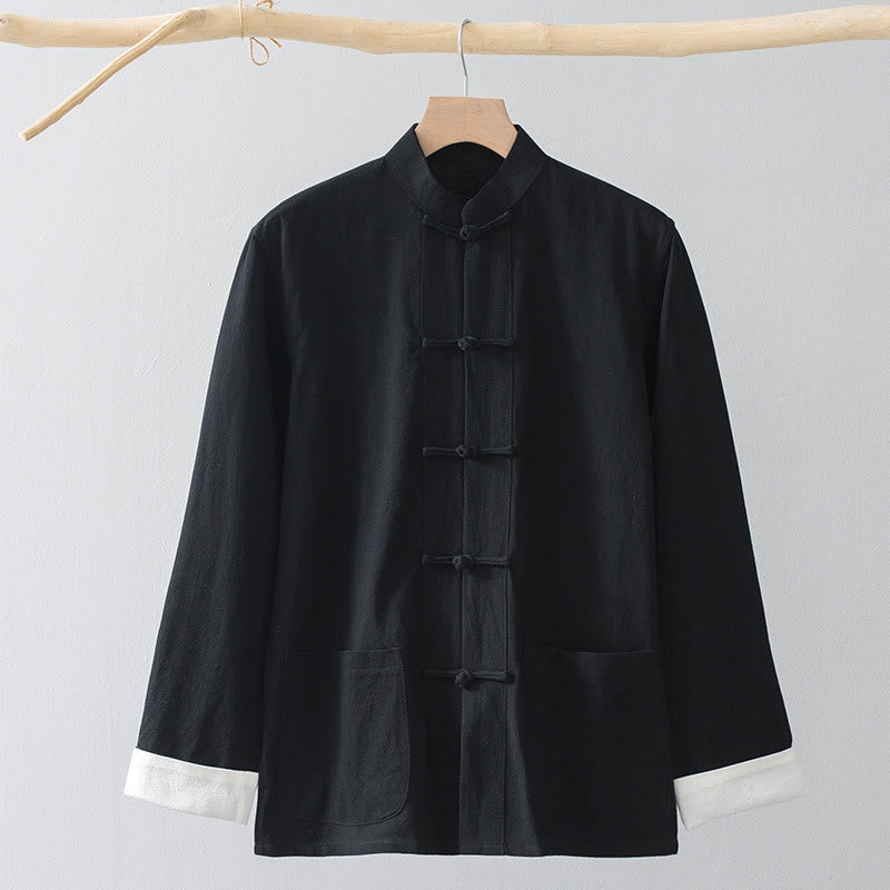 Buddha Stones Frog-Button Chinese Tang Suit Shirt Cotton Linen Men Jacket Clothing - Black Shirt&White Frog Button - US/UK/AU44，EU54 (4XL) - image 3