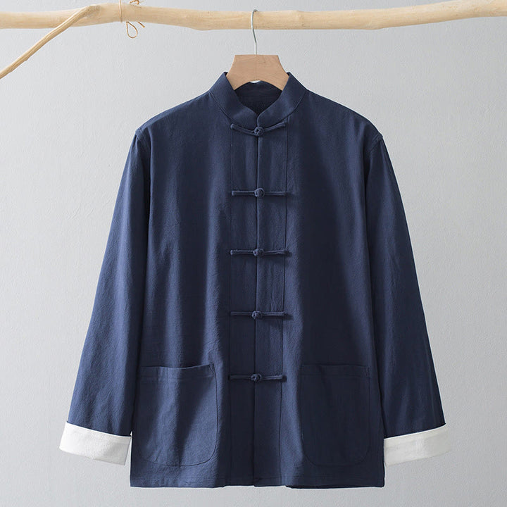 Buddha Stones Frog-Button Chinese Tang Suit Shirt Cotton Linen Men Jacket Clothing - Blue Shirt&White Frog Button - US/UK/AU44，EU54 (4XL) - image 5