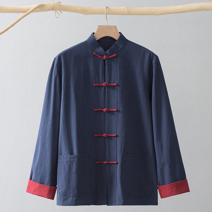 Buddha Stones Frog-Button Chinese Tang Suit Shirt Cotton Linen Men Jacket Clothing - Blue Shirt&Red Frog Button - US/UK/AU44，EU54 (4XL) - image 13