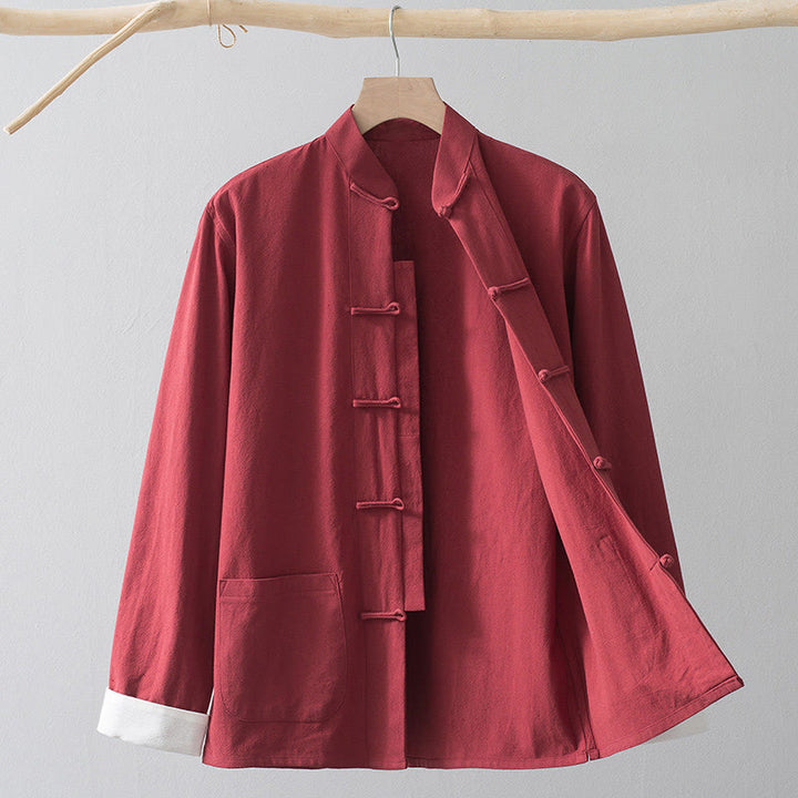 Buddha Stones Frog-Button Chinese Tang Suit Shirt Cotton Linen Men Jacket Clothing - Red Shirt&White Frog Button - US/UK/AU44，EU54 (4XL) - image 15