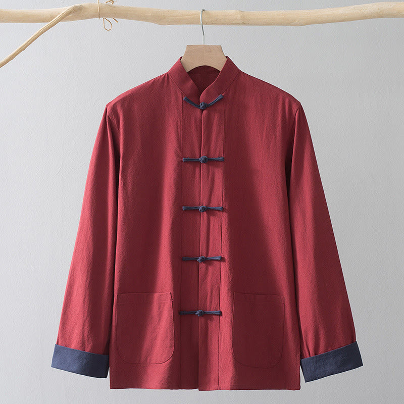 Buddha Stones Frog-Button Chinese Tang Suit Shirt Cotton Linen Men Jacket Clothing - Red Shirt&Blue Frog Button - US/UK/AU44，EU54 (4XL) - image 17
