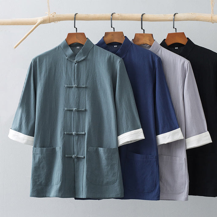 Buddha Stones Frog-Button Chinese Tang Suit Half Sleeve Shirt Cotton Men Clothing With Pockets - image 0