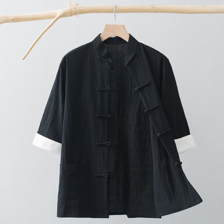 Buddha Stones Frog-Button Chinese Tang Suit Half Sleeve Shirt Cotton Men Clothing With Pockets - Black - US/UK/AU44，EU54 (4XL) - image 13