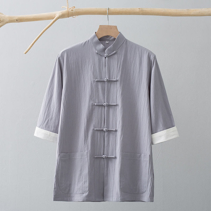 Buddha Stones Frog-Button Chinese Tang Suit Half Sleeve Shirt Cotton Men Clothing With Pockets - image 11