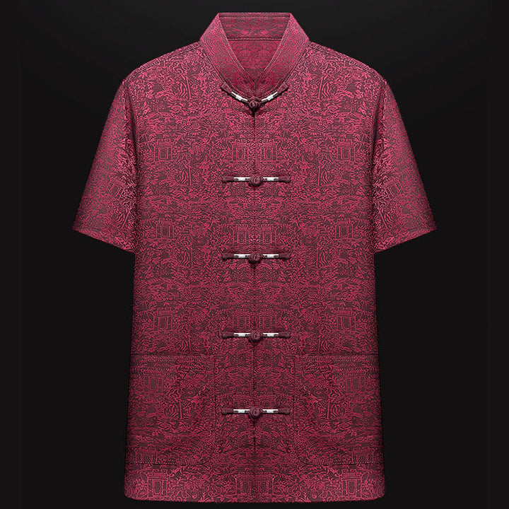 Buddha Stones Along the River During the Qingming Festival Pattern Traditional Tang Suit Short Sleeve Shirt Pants Clothing Men's Set