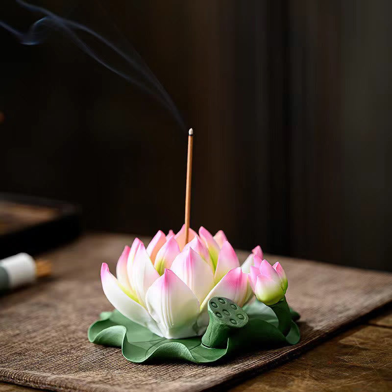 Buddha Stones Lotus Flower Leaf Pod Spiritual Healing Ceramic Stick Incense Burner Decoration