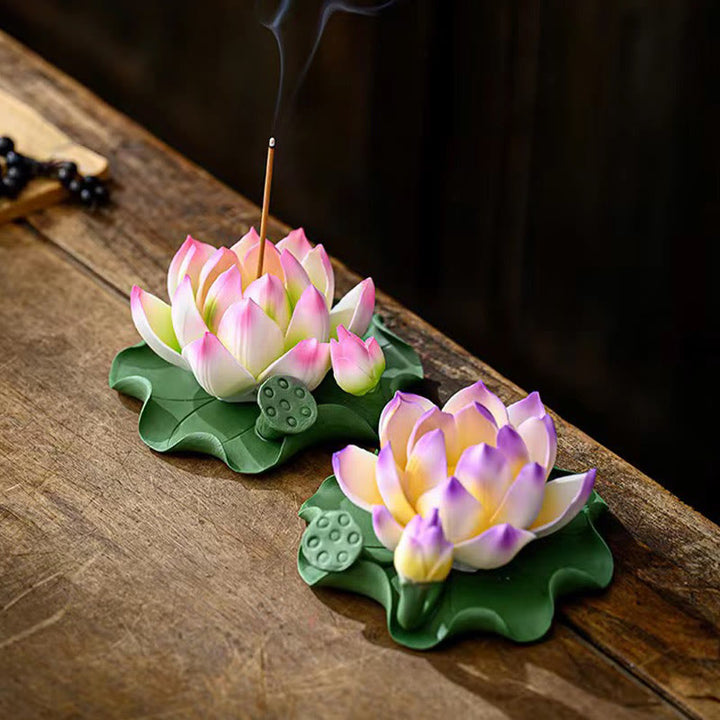 Buddha Stones Lotus Flower Leaf Pod Spiritual Healing Ceramic Stick Incense Burner Decoration