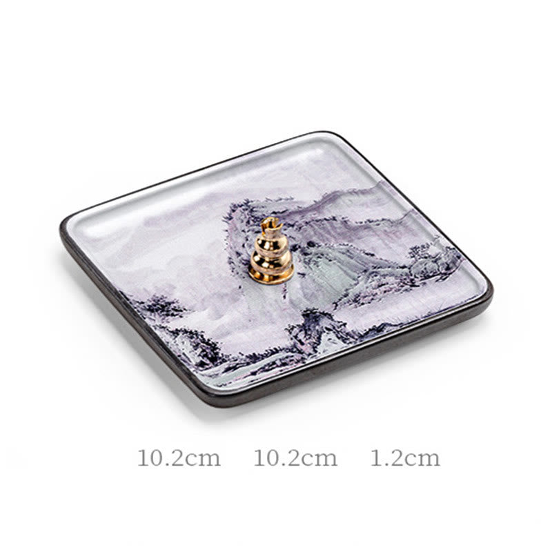 Buddha Stones Mountain Lake Flower Leaf Healing Ceramic Plate Tray Stick Incense Burner Decoration