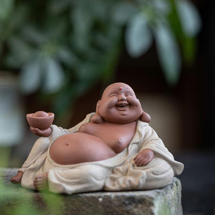 Buddha Stones Laughing Buddha Ingots Attract Wealth Purple Clay Maitreya Statue Decoration