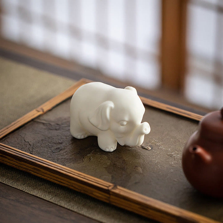 Buddha Stones Small Elephant Statue White Porcelain Ceramic Strength Home Desk Decoration