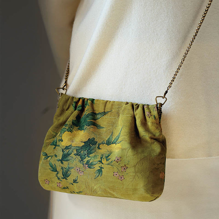 Buddha Stones Yellow Green Flower Black Persimmon Metal Chain Crossbody Bag Shoulder Bag Handbag