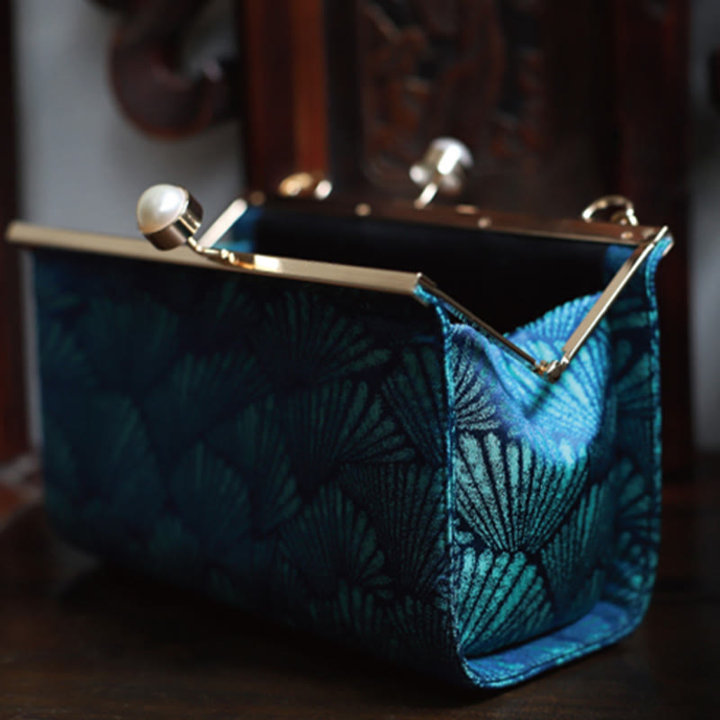 Buddha Stones Vintage Peacock Blue Leaf Pattern Pearl Metal Handbag