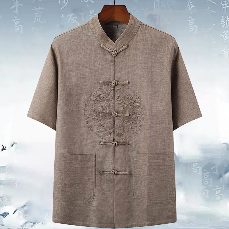 Buddha Stones Dragon Embroidery Pattern Tang Suit Short Sleeve Shirt Pants Men's Set