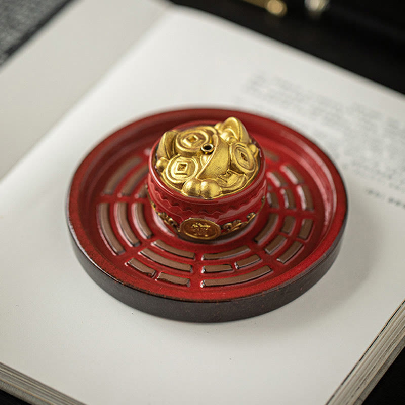 Buddha Stones Small Treasure Bowl Lucky Bag Bagua Tray Healing Ceramic Stick Incense Burner Decoration