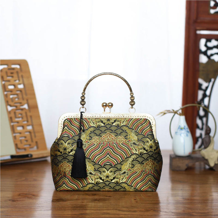 Buddha Stones Vintage Flower Butterfly Crane Sea Waves Metal Chain Crossbody Bag Shoulder Bag Handbag