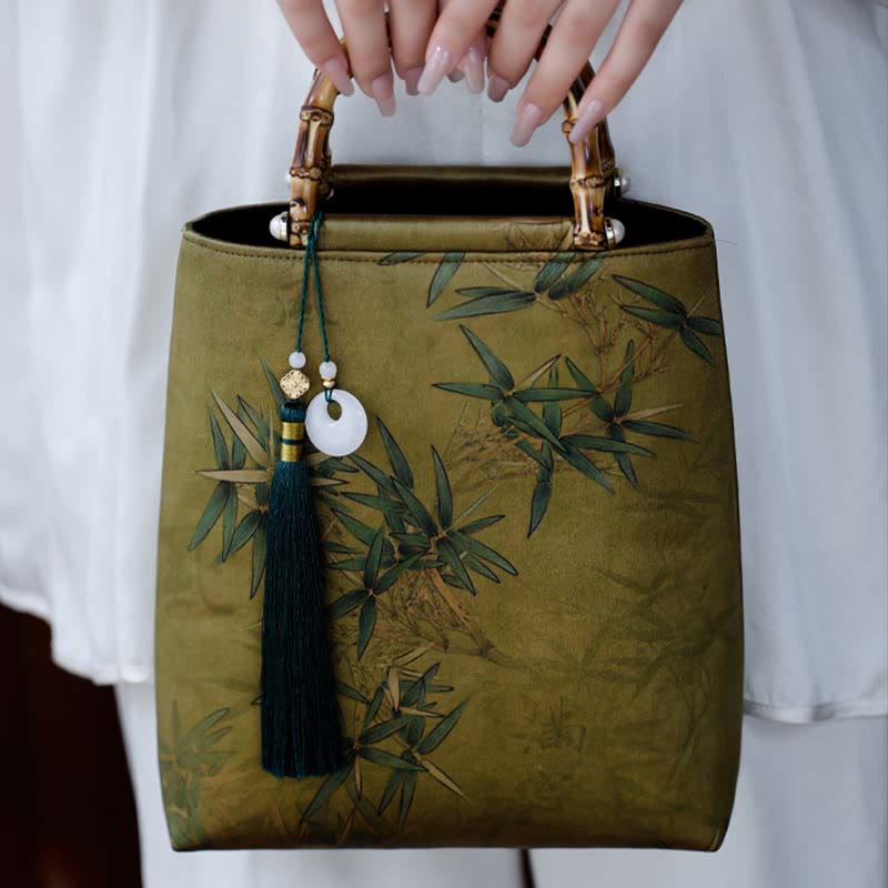 Buddha Stones Yellow Green Bamboo Leaves Bamboo Handles Handbag