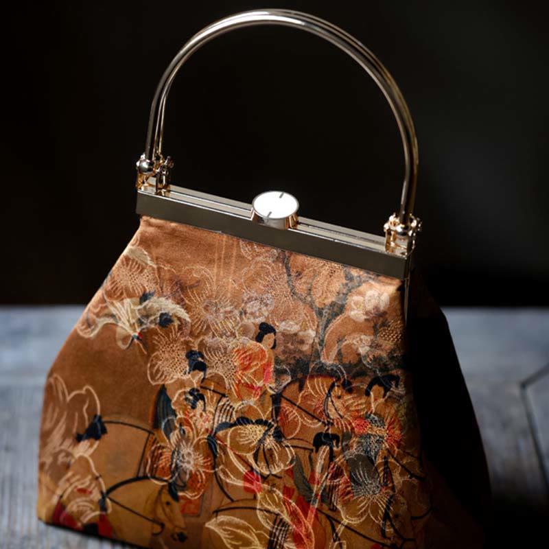 Buddha Stones Painting of Lady of Guoguo on a Spring Outing Metal Handle Handbag