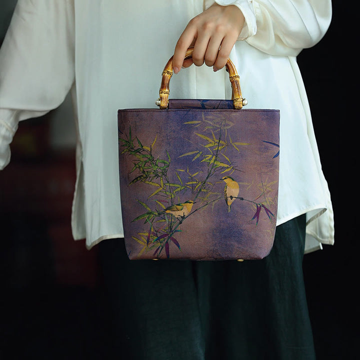 Buddha Stones Purple Magpie Birds Branches Bamboo Handles Handbag