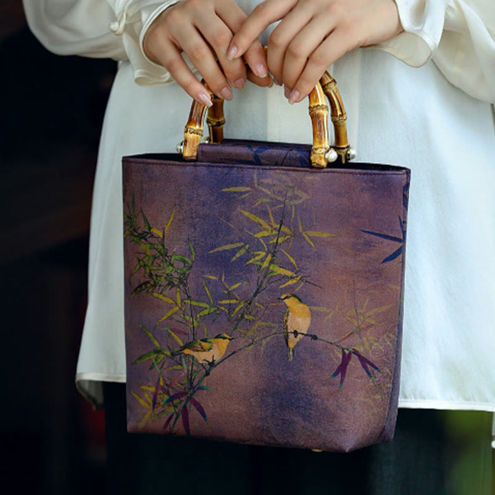 Buddha Stones Purple Magpie Birds Branches Bamboo Handles Handbag