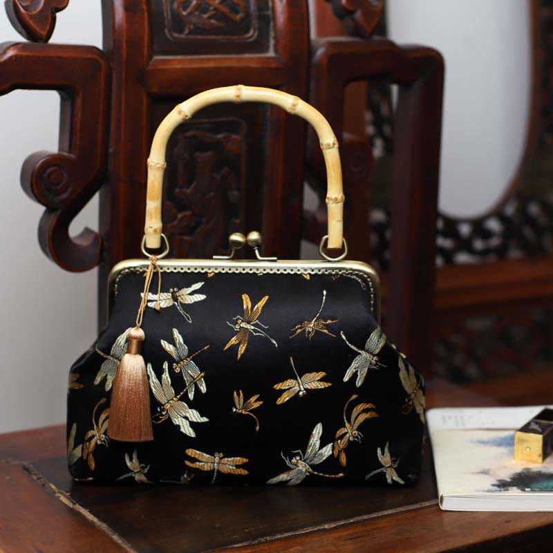 Buddha Stones Dragonfly Crane Bamboo Leaves Plum Blossom Bamboo Handles Handbag