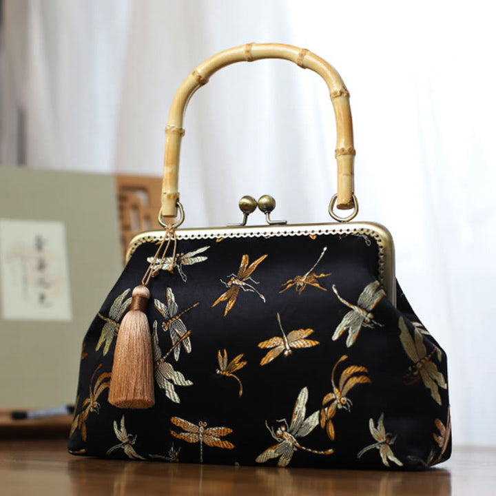 Buddha Stones Dragonfly Crane Bamboo Leaves Plum Blossom Bamboo Handles Handbag