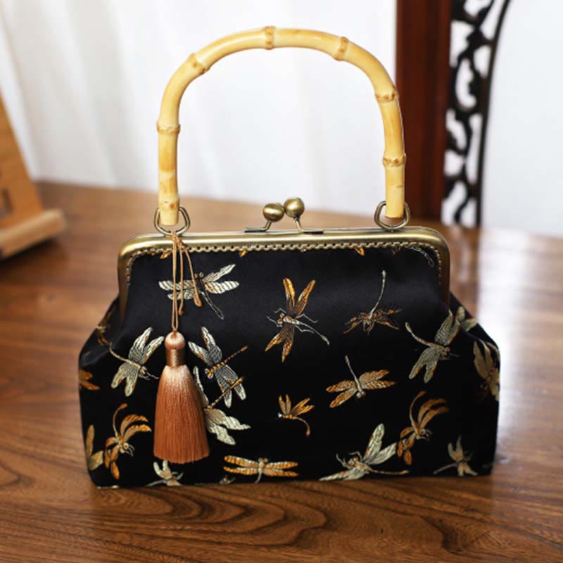 Buddha Stones Dragonfly Crane Bamboo Leaves Plum Blossom Bamboo Handles Handbag